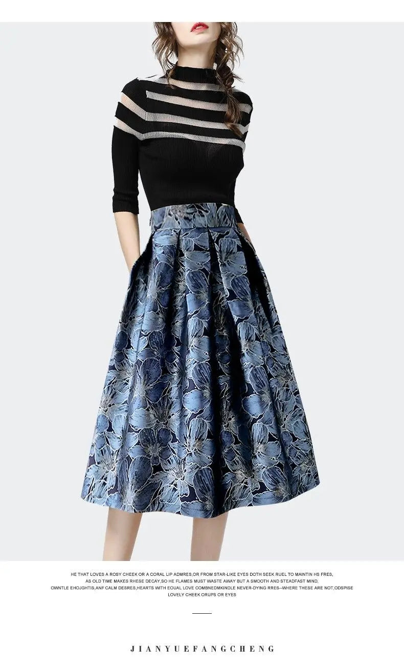 Blue Floral Print Vintage High Waist Ball Gown A-line Loose Women's Skirt Knee-Length Long Skirts For Women Clothing Fashion.