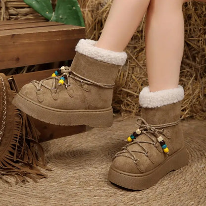 Chunky Platform Non Slip Furry Snow Boots Women 2025 Winter Soft Thick Bottom Warm Plush Ankle Boots Colorful Bead Lace Up Shoes.