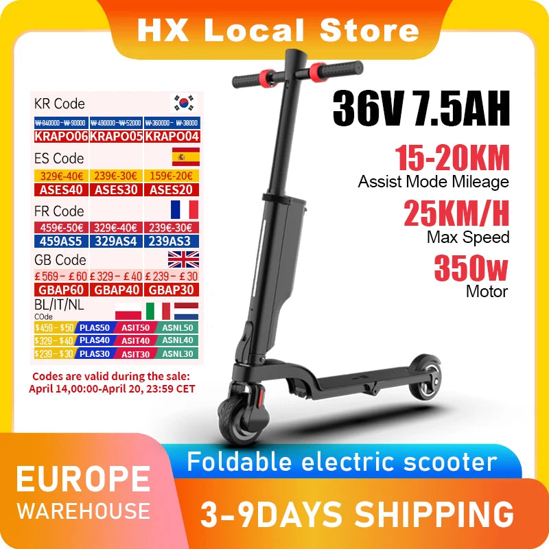 HX 7.5AH Electric E Scooter 350W 25KM/H Foldable Electric Kick Scooter Scooters 5.5 Inch APP Smart Escooter for Adults.