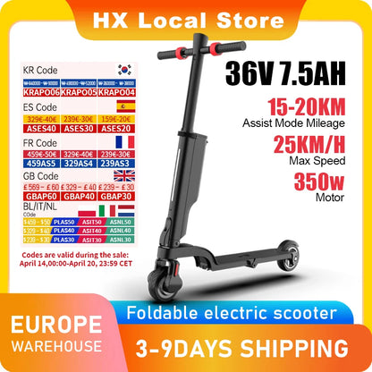 HX 7.5AH Electric E Scooter 350W 25KM/H Foldable Electric Kick Scooter Scooters 5.5 Inch APP Smart Escooter for Adults.