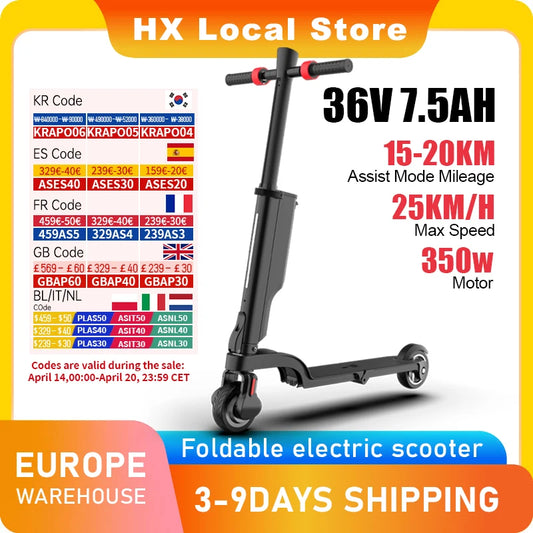 HX 7.5AH Electric E Scooter 350W 25KM/H Foldable Electric Kick Scooter Scooters 5.5 Inch APP Smart Escooter for Adults.
