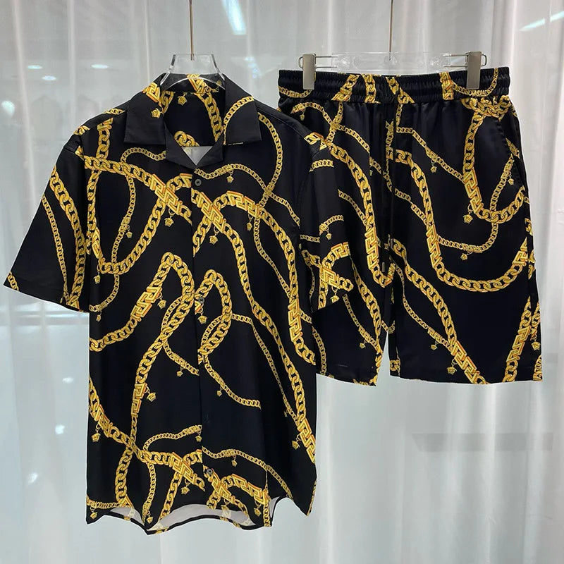 Royal luxury digital printed men's set fashion two-piece shorts set high-quality summer short sleeved shirt Allen Sen Trendy Clo.