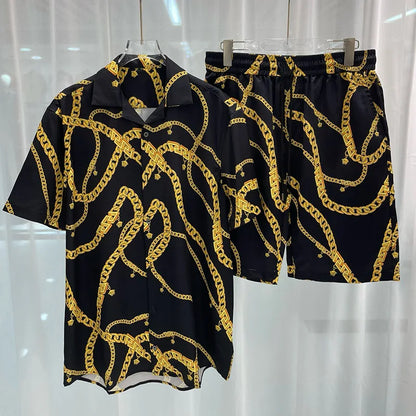 Royal luxury digital printed men's set fashion two-piece shorts set high-quality summer short sleeved shirt Allen Sen Trendy Clo.