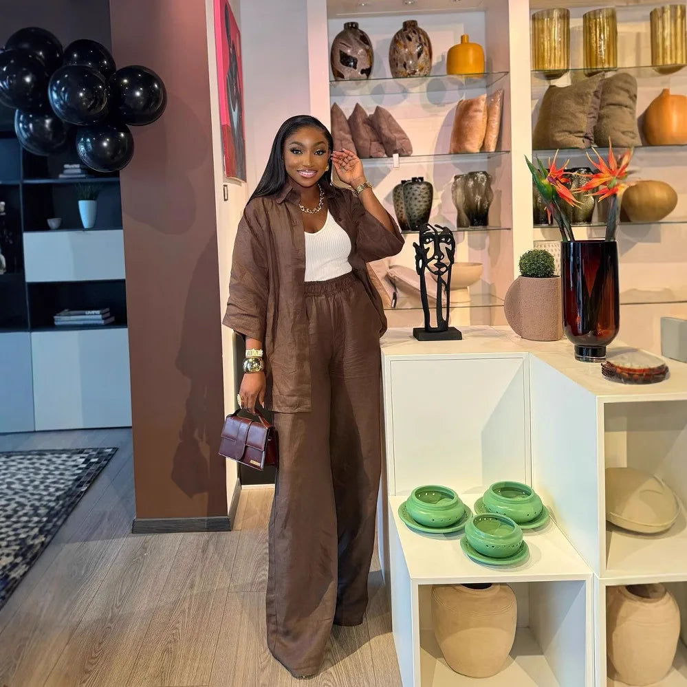 Spring and summer casual shirt long pants two-piece set 2025 new women's fashion lapel loose suit women's daily wear.