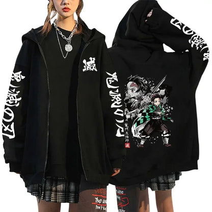Japan Anime Print Black Hoodie Woman Hooded Long Sleeve Zipper Jacket Tanjirou Zenitsu Inosuke Pattern Sweatshirt Autumn Coat.