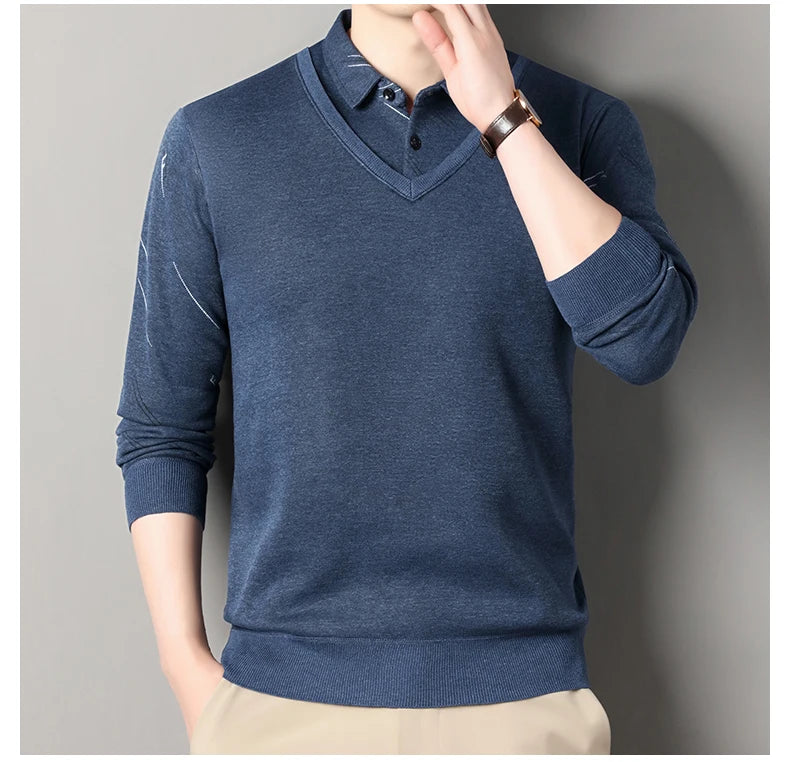 Men's Fleece Lining Sweater Autumn Winter Pullover Polo Shirt Collar Fake Two Piece Thick Warm Top Clothes Casual Knitwear.