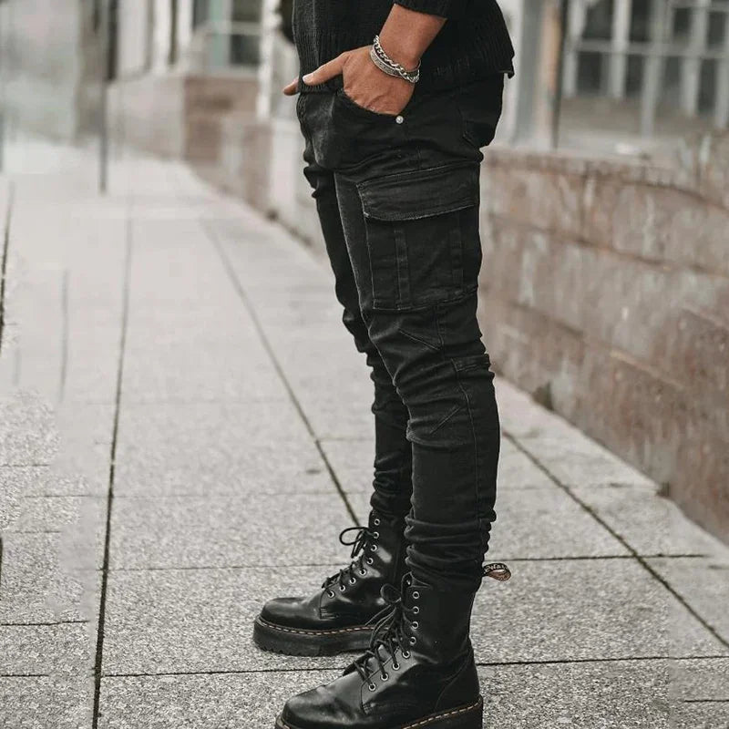 Männer Straße elastische Jeans Jeans waschen einfarbige Multi-Taschen Cargo hose lässig Slim Fit täglich tragen Jogger mittlere Taille Hose.