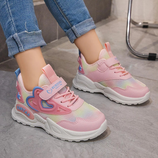 Girls Sports Shoes Kids Running Shoes Pink Breathable Air Mesh Heart Sweet Sneakers Cute Hook & Loop Children's Casual  Shoes.