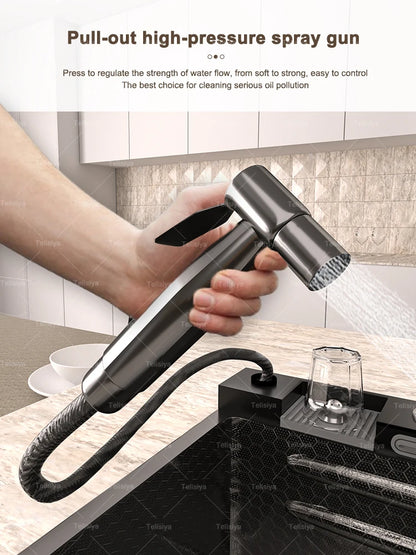 Küchenspüle aus Edelstahl mit Wasserfall, Einzelschüssel, Digitalanzeige, extra großer Schlitz, multifunktionale Waschbecken