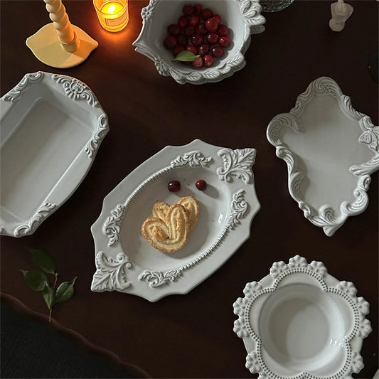 Palace Vintage Ceramic Decorative Dinner Plate White Butterfly Lace Bakeware Tableware Kitchen Supplies Decorative Plate.