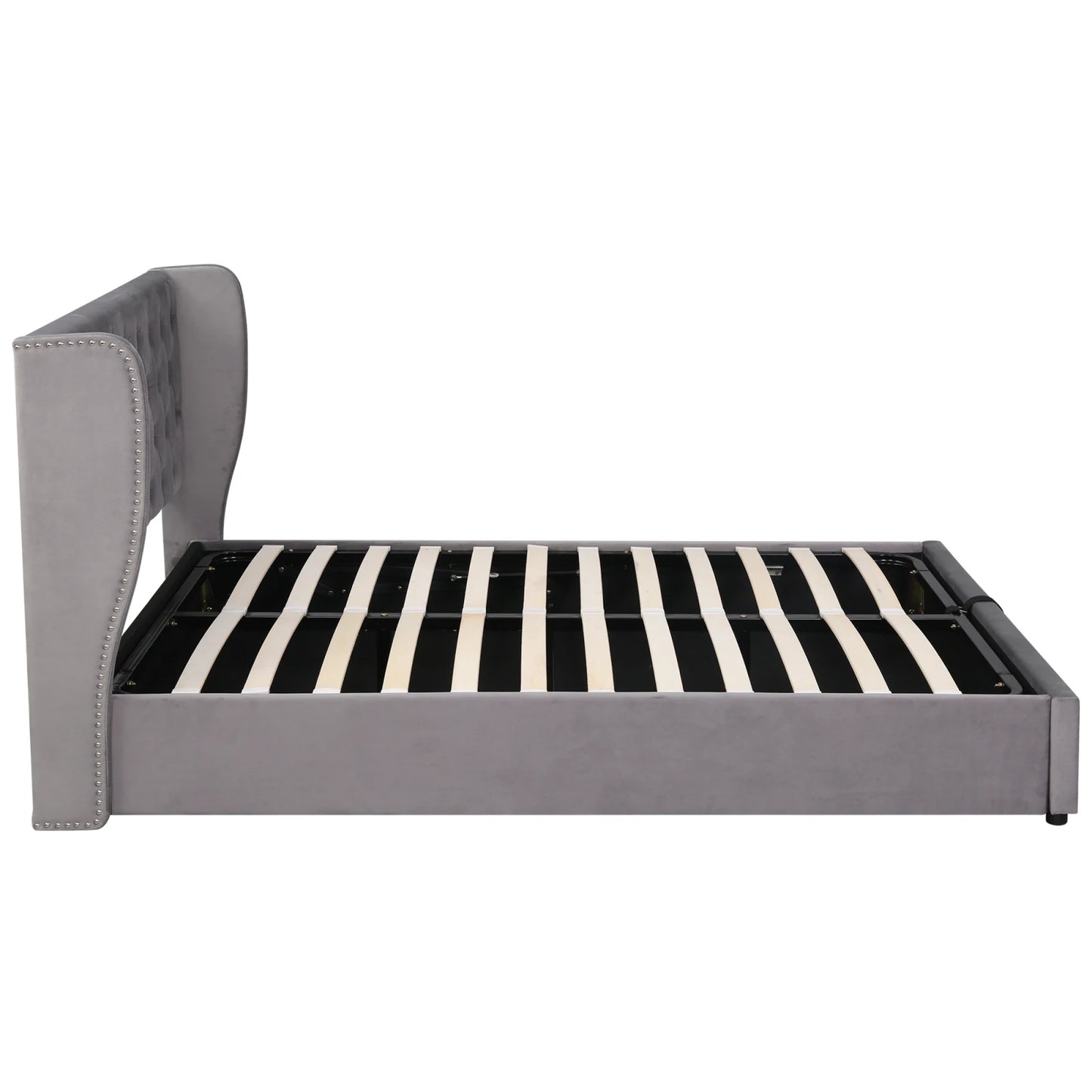 Fangange gepolstertes ohrenförmiges Bett, komplettes/Queensize-/King-/Doppelbett, hydraulisches Funktionsbett mit Lattenrost und Stauraum, Samt