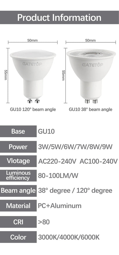 10 Stück hohe Lumen GU10 LED-Spot-Licht, kein Fliker, 8 W, 9 W, LED-Birne, AC 220 V, 120 V, ersetzt 50 W Halogenlampe für die Verkleidung von Heimbeleuchtung.