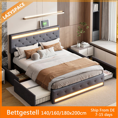 Lazyspace gepolstertes Doppelbett 140/160/180 x 200 cm, mit LED-Licht und 4 Schubladen, Metallrahmen und Holzlatten, Leinen