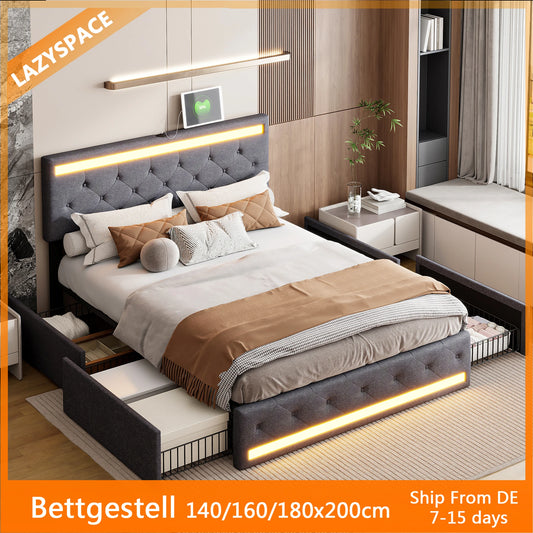 Lazyspace gepolstertes Doppelbett 140/160/180 x 200 cm, mit LED-Licht und 4 Schubladen, Metallrahmen und Holzlatten, Leinen