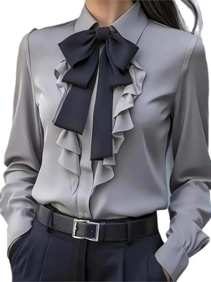 Autumn Solid Lace-up Bow Ruffled Shirt For Women Fashion Elegant Button Long Sleeve Casual Womens Tops And Blouses Women Clothes.