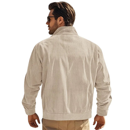 Men's Corduroy Jacket Stand-up Collar Slim Fit Retro Multi-pocket Workwear Commuter Coat for Spring And Autumn