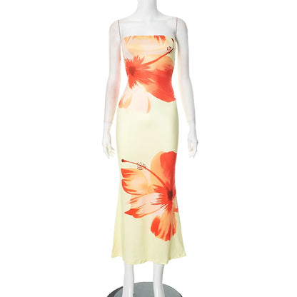 CUTENOVA Damen 2024, neues, mit Blumenmuster bedrucktes, schlauchloses Kleid, lässig, Urlaub, schulterfrei, schlank, Strand, bodenlang, langes Kleid