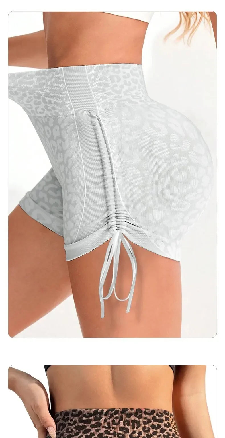 Women High Waist Yoga Shorts Side Drawstring Sexy Leopard Print Sports Shorts Gym Athletic Running Leggings Workout Shorts.