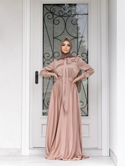 Elegant Satin Dress for Women Muslim Fashion Abaya Hijab Dubai Turkey Evening Dresses Arabic Kaftan Robe Female Islamic Clothing.