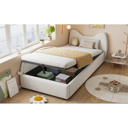 Polsterbett, Einzelbett, süßes Katzendesign, hydraulisches Bett mit Stauraum und Gürtelgriffen, stabiler Gitterrost, 90 x 200 cm