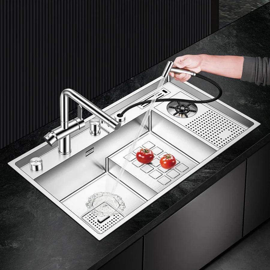 Large Size Nano Meter Cup Rinser Stepped Kitchen Sink 304 Stainless Steel 4mm Thickness Handmade Sinks With Knife Holder