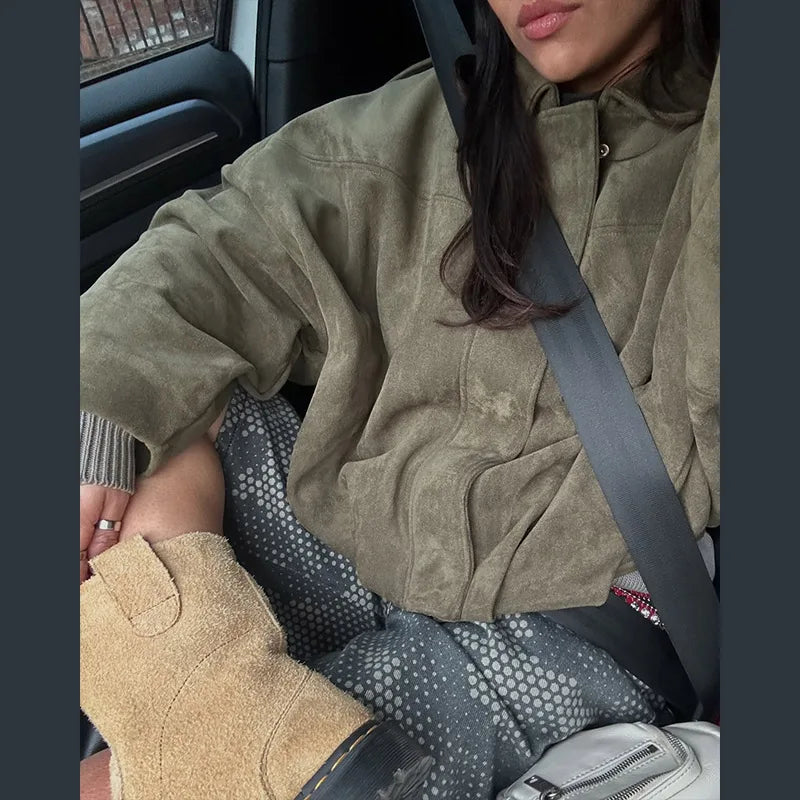 2025 herbst frauen Grün Wildleder Jacke Lose Revers Zipper Langarm Taschen Bomber Mantel Neue Mode Dame Dicke Streetwear.