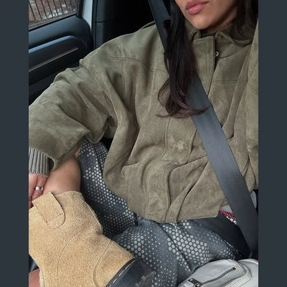 2025 herbst frauen Grün Wildleder Jacke Lose Revers Zipper Langarm Taschen Bomber Mantel Neue Mode Dame Dicke Streetwear.