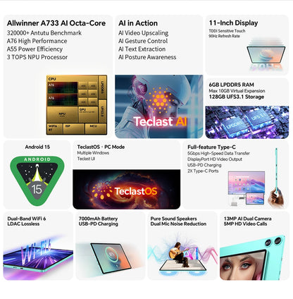 【New】 Android 15 Tablet Teclast P50AI 11 inch Screen 90Hz AllWinner A733-AI Octa-Core (6GB + 10GB )Max.16GBGB RAM 128GB LPDDR5 Wifi-6 7000mAh AI Tablet PC.