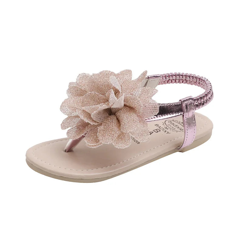 Girls Sandals 2023 Summer New Bling Flowers Baby Children Fashion Soft Bottom Student Shoes Kid's Slippers Pink Flats Flip Flops.