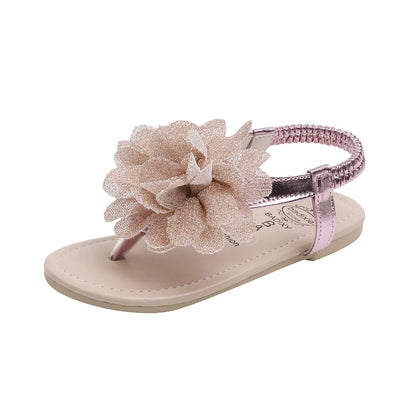 Girls Sandals 2023 Summer New Bling Flowers Baby Children Fashion Soft Bottom Student Shoes Kid's Slippers Pink Flats Flip Flops.