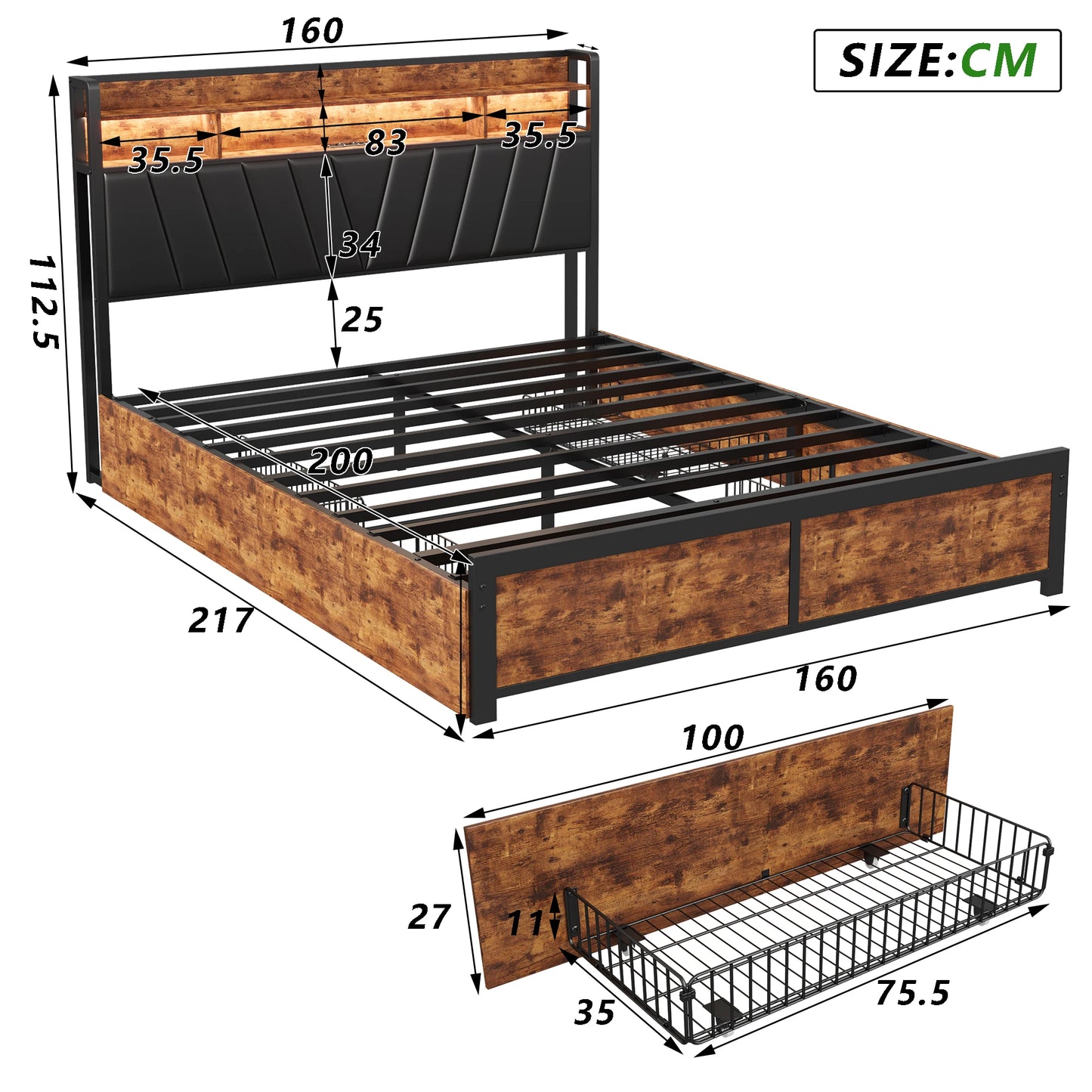 Lazyspace Metall-Doppelbett 160 x 200 cm mit 4 Schubladen, Bettrahmen mit USB-Ladeanschluss und LED-Kopfteil, schwarz, ohne Matratze