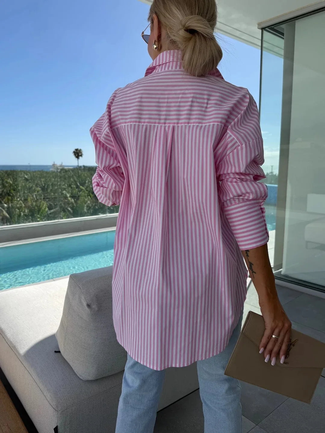 2025 New Women's Shirt Long Sleeve Striped Pocket Button Blue Casual Loose Top Street Office Pink Blouses.