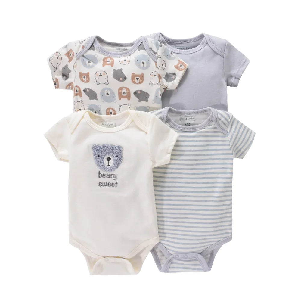 4PCS Neugeborenen Strampler Kurzarm Rundhals Cartoon Tier Blumen Drucken Body Onesies Für Baby Jungen Und Mädchen Kleidung.
