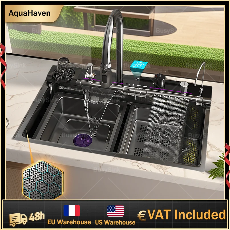 Wasserfall-Küchenspüle aus Edelstahl, multifunktional, groß, Einzelschlitz, Geschirrspülbecken, Küchenrenovierung