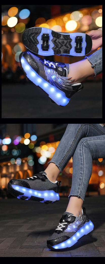 Boys Girls Roller Shoes LED Light Up USB Charging Children Roller Skate Casual Skateboarding Shoes Sports Shoes Kids Sneakers