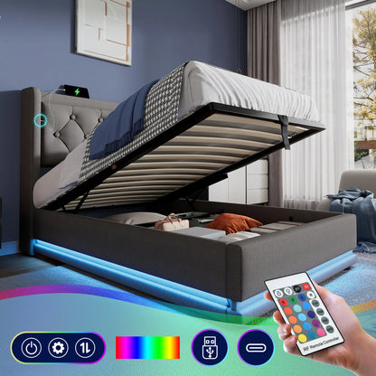 Gepolstertes Einzelbett 90x200 cm, graue Baumwolle, USB-C-Aufladung, 3-seitige LED (keine Matratze)