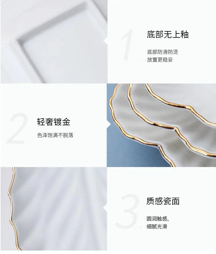 European Golden edged ceramic plate creative home serving plate special-shaped ceramic cutlery dinner plates fruit snack plates.
