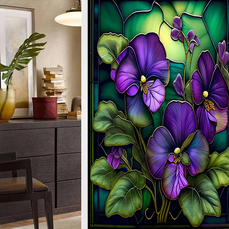 Colorful Retro Flower Bird Window Film PVC Electrostatic Glass Stickers Stained Window Films Static Cling Frosted Glass Film.