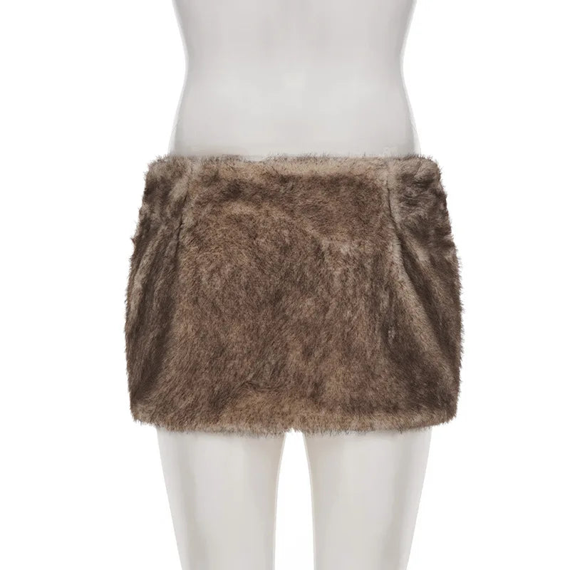 Faux Fur Bodycon Mini Skirts 2025 Fall Winter Women Fashion Sexy Low Waist Hipster Furry Night Clubwear Bottoms Streetwear Skirt.
