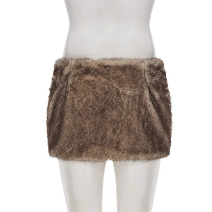 Faux Fur Bodycon Mini Skirts 2025 Fall Winter Women Fashion Sexy Low Waist Hipster Furry Night Clubwear Bottoms Streetwear Skirt.