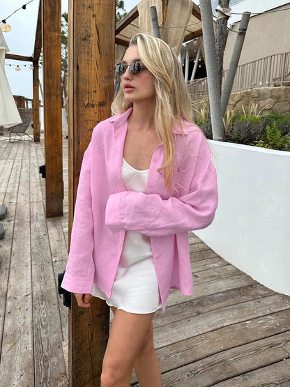 2025 Women's Oversize Shirt Long-sleeved Button Cardigan Pink Lapel Simple Korean Version White Top Blue Blouses for Female.