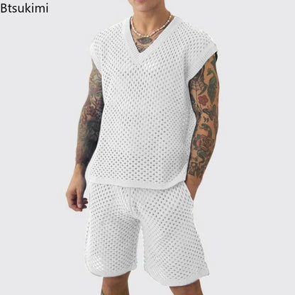 New Men's Summer Casual Knit V Neck Two-piece Sets Fashion Solid Loose Tank Tops and Shorts Sport Suit Men Hollow Out Streetwear.