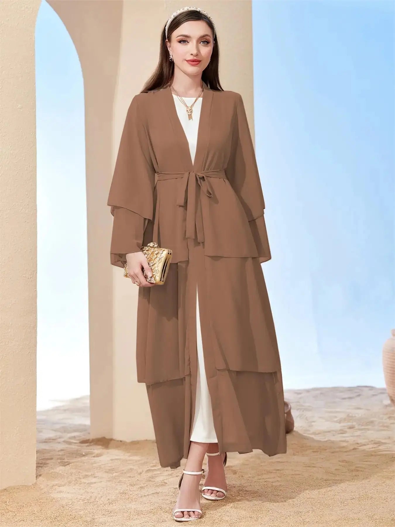 Ramadan kebaya Layered Open Front Abaya, Long Sleeve Dress With Belted , Without Hijab, Women's Clothing