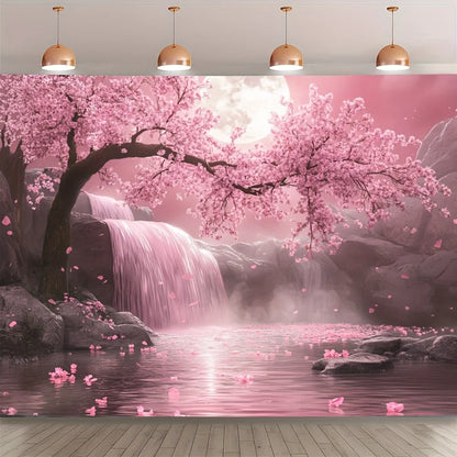 1pc Cherry Blossom Backdrop with Pink Sakura Tree & Waterfall Scene - Vibrant Polyester Fabric Wall Art for Living Room, Outdoor.