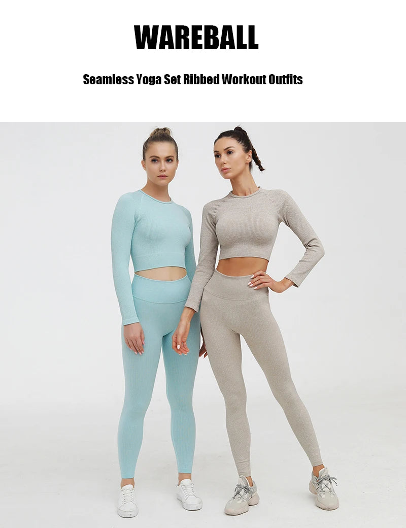 Women's Sportswear Yoga Set Workout Clothes Athletic Wear Sports Gym Legging Seamless Fitness Bra Crop Top Long Sleeve Yoga Suit.