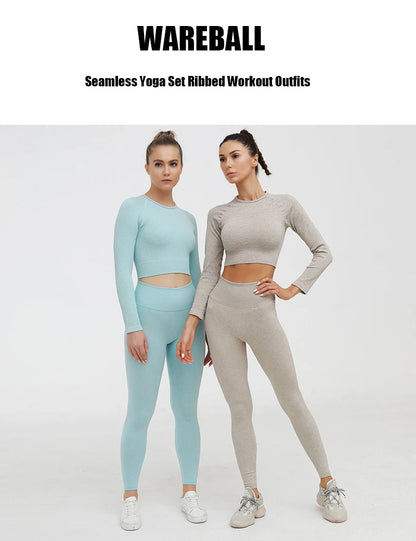 Women's Sportswear Yoga Set Workout Clothes Athletic Wear Sports Gym Legging Seamless Fitness Bra Crop Top Long Sleeve Yoga Suit.