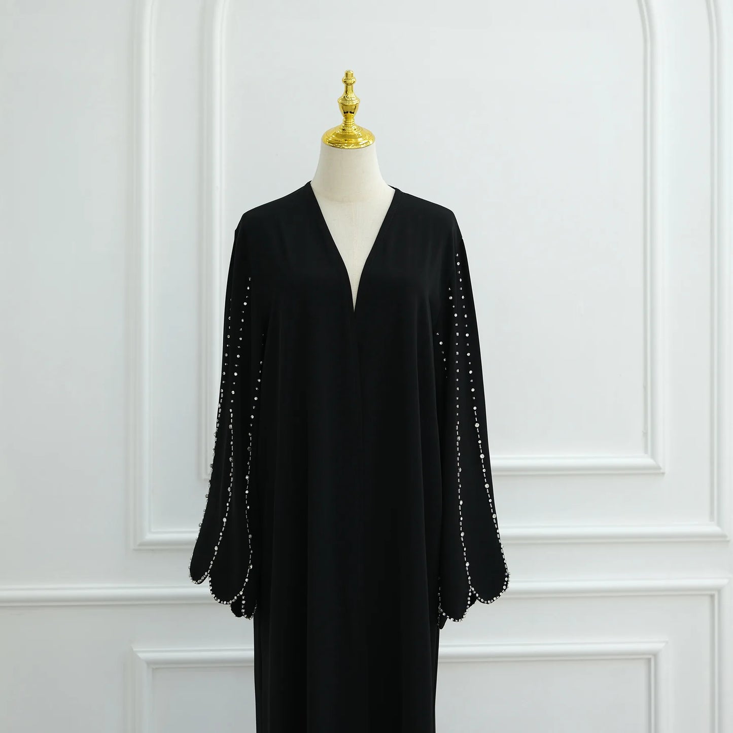Middle Eastern Modest Dress with Pearl Sleeve for Muslim Women Ramadan Dubai Black Abaya Islam Party Jalabiya Outfit Turkey Robe.