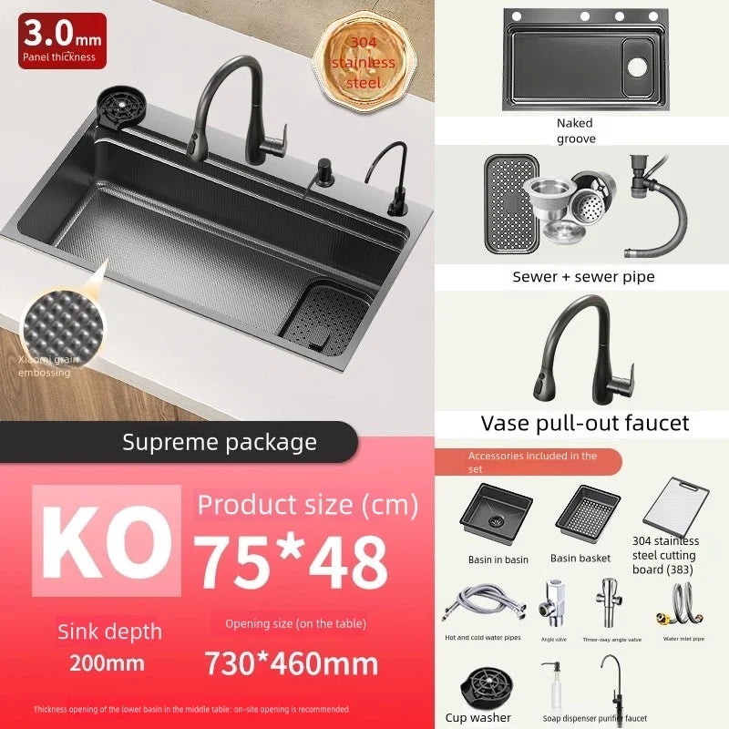Black 304 Stainless Steel Kitchen Sink Household Multifunction Wash Dish and Vegetables Basin Large Single Slot Undermount Basin