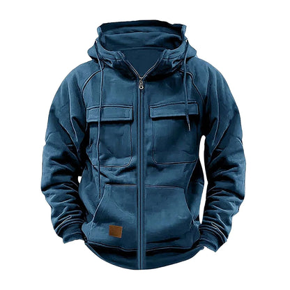 New Autumn Winter Men's Hooded Solid Hoodies Jackets Multi Pockets Male Zipper Sweatshirts Sports Outdoor Casual Hoodie Coat.