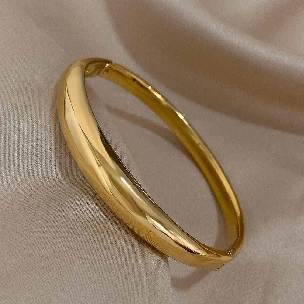 Minimalist Smooth Chunky Cuff Bangles for Women Stainless Steel Gold Silver Color Round Circle Bracelets Waterproof Jewelry.